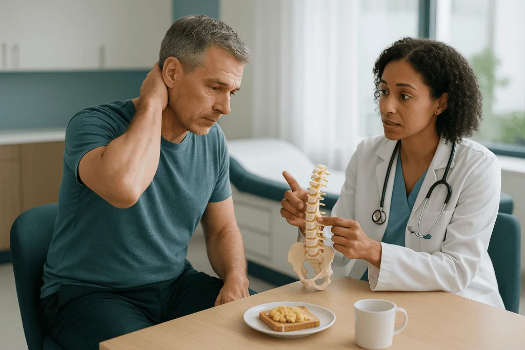 Doctor explaining spine model to patient with neck pain: Who is usually offered a discectomy, and who is asked to wait