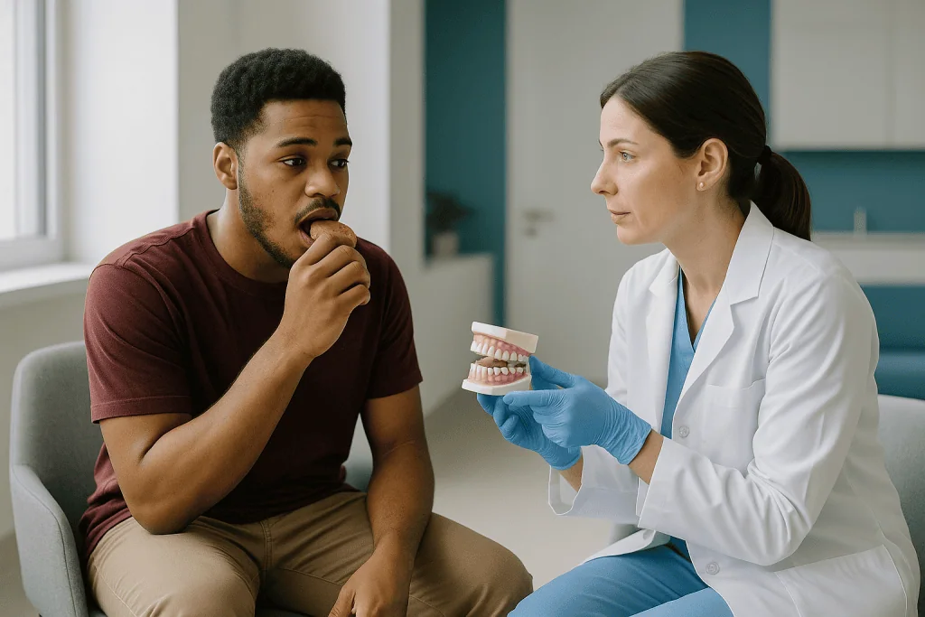 Dentist consulting patient about dental model and teeth: Who is usually offered a filling, and who is asked to wait