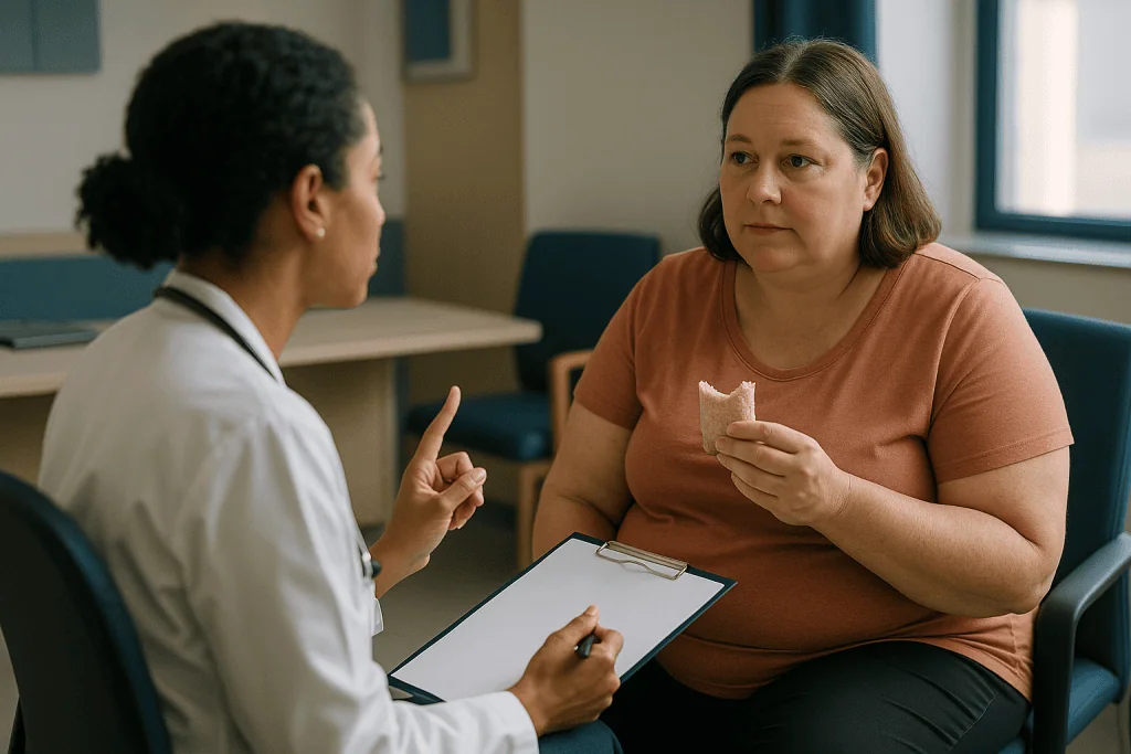 Two women in consultation, one eating a sandwich: Who is usually offered a gastric band, and who is asked to wait