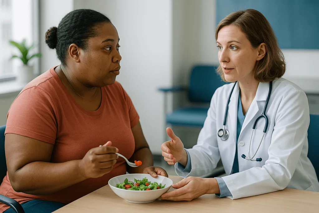 Doctor consulting patient about healthy eating with salad: Who is usually offered a gastric band, and who is usually asked t