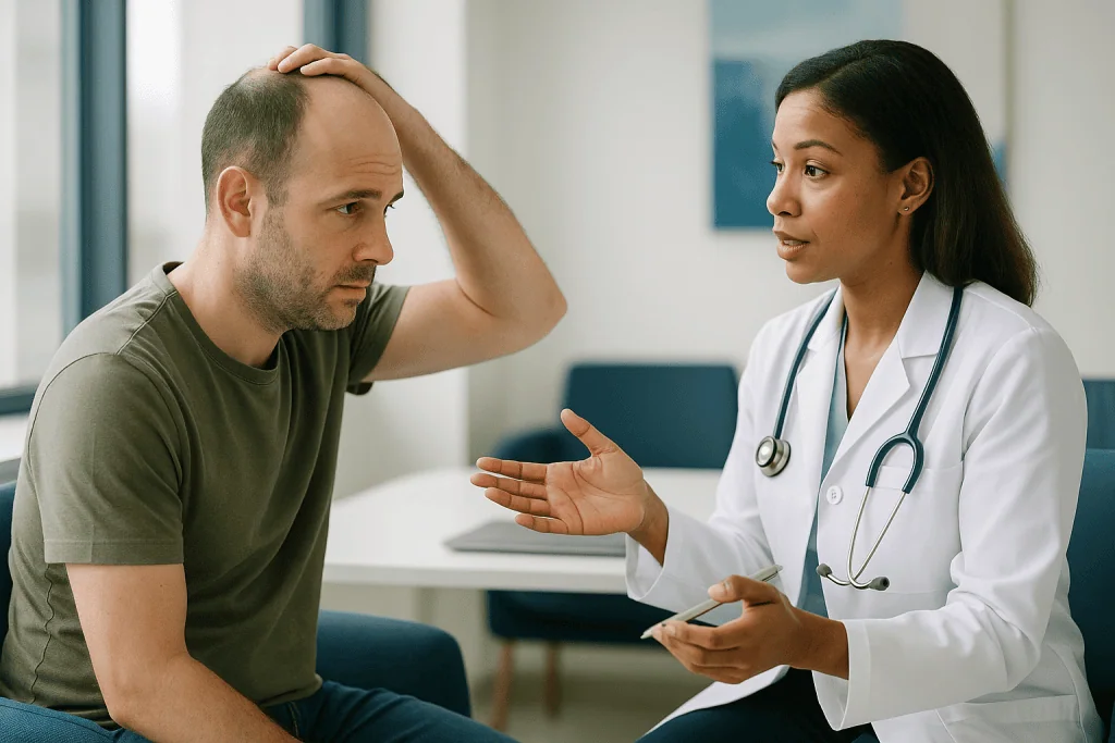 Doctor consulting patient about unspecified medical concern: Who is usually offered a hair transplant, and who is asked to w