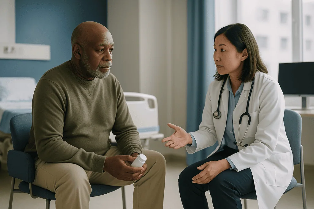 Doctor consulting patient in clinical office setting: Who is usually offered a JAK inhibitor, and who is usually asked to wa