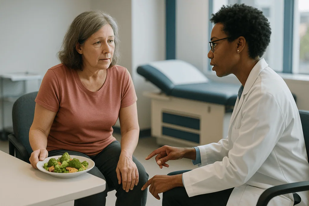 Doctor consulting patient about nutrition with healthy food: Who is usually offered a joint injection, and who is usually as