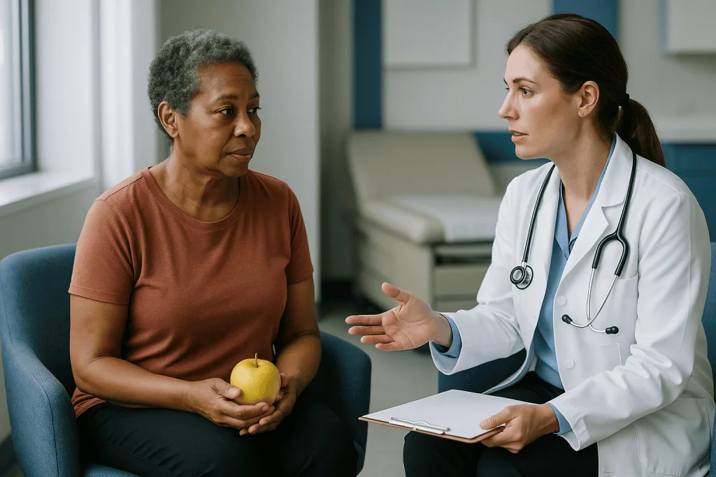 Doctor consulting patient holding apple in clinic: Who is usually offered a kidney transplant, and who is asked to wait