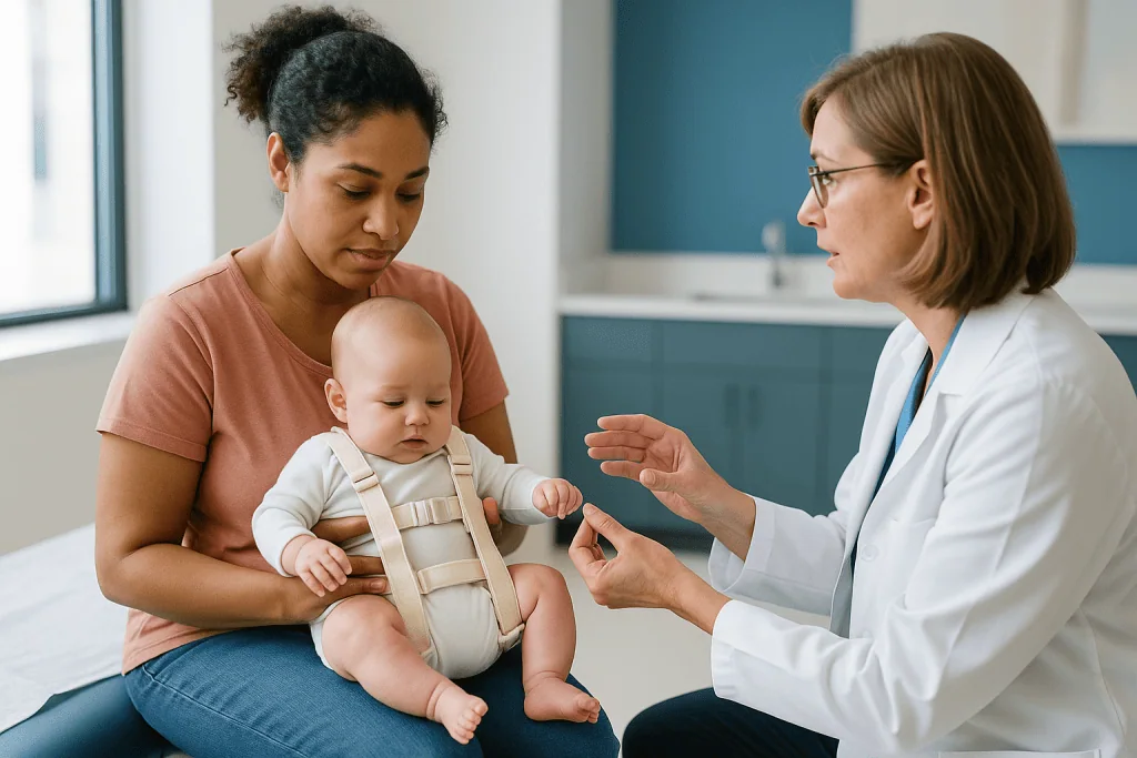 Pediatrician examining infant wearing Pavlik harness: Who is usually offered a Pavlik harness, and who is asked to wait