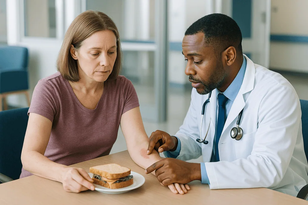 Doctor consulting patient about food or nutrition — Who is usually offered a skin graft, and who is asked to wait