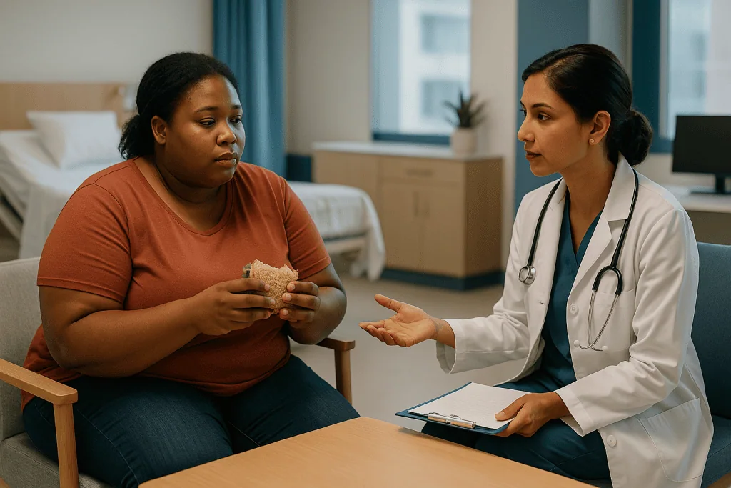 Doctor consulting patient about food choices in hospital — Who is usually offered a sleeve, and who is usually asked to wait