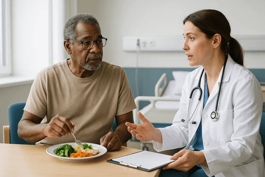 Doctor consulting patient about healthy diet with vegetables: Who is usually offered a stent, and who is asked to wait