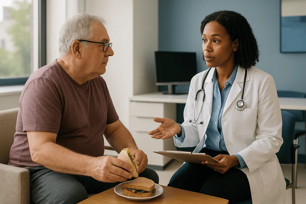Doctor consulting patient about diet and nutrition: Who is usually offered a stent, and who is usually asked to wait