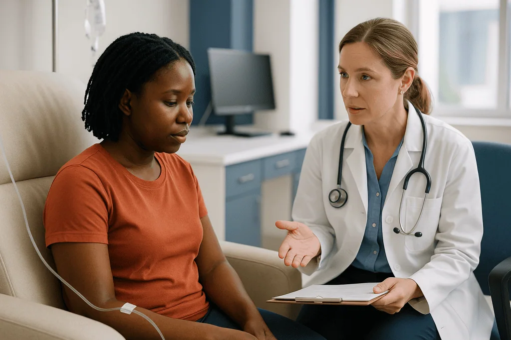 Doctor consulting patient in clinical office setting: Who is usually offered a transfusion, and who is asked to wait?