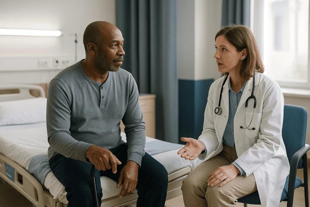 Doctor consulting with male patient in hospital room: Who is usually offered a transplant, and who is asked to wait?