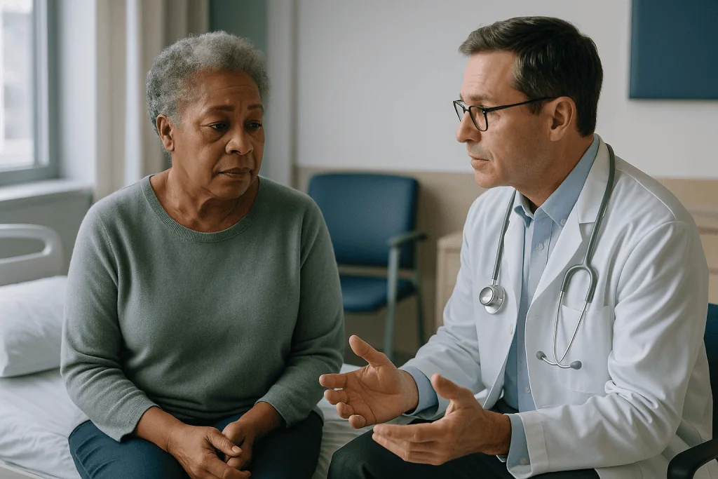 Doctor consulting with older female patient in clinical setting: Who is usually offered a Whipple, and who is asked to wait?