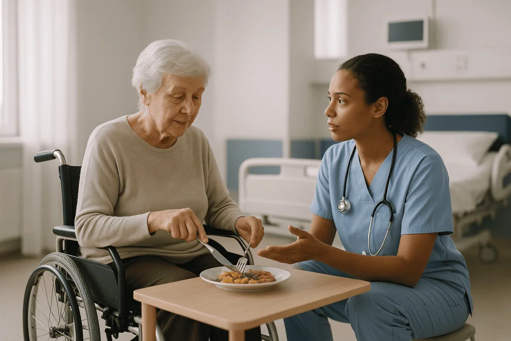 Healthcare worker assisting elderly patient with meal: Who is usually offered adaptations early, and who is asked to wait
