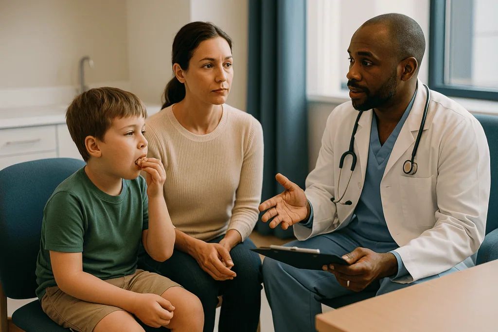 Doctor consulting with child and mother in clinical setting: Who is usually offered adenoidectomy in children and adults, an