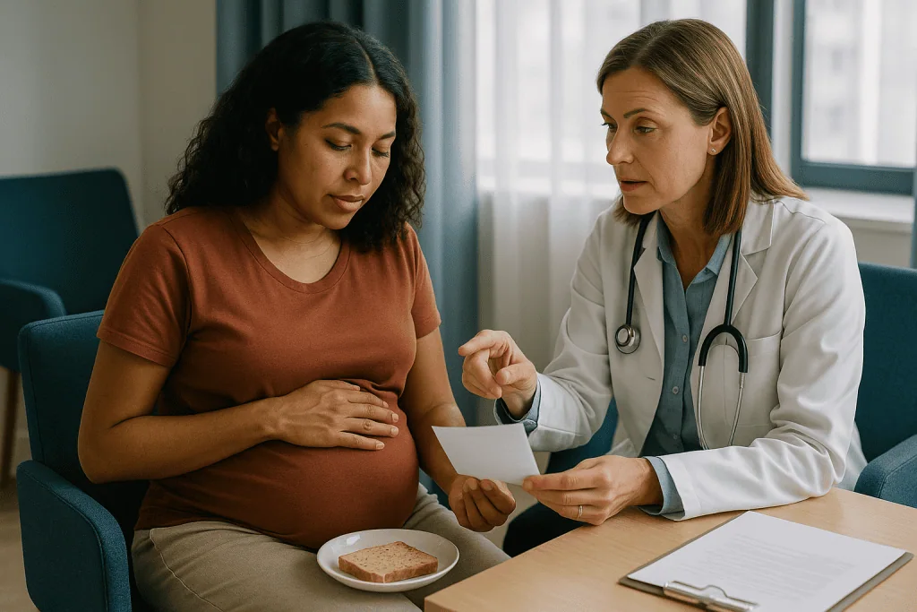 Pregnant woman in consultation with female doctor reviewing notes: Who is usually offered amniocentesis, and who is usually 