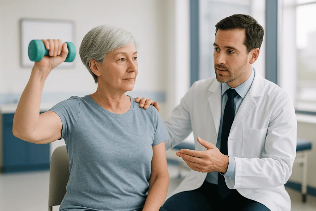 Doctor observing patient performing dumbbell exercise: Who is usually offered an anatomic shoulder replacement?