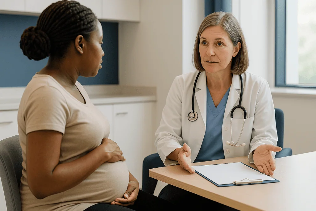 Pregnant patient in consultation with female physician: Who is usually offered an earlier planned birth, and who is usually 