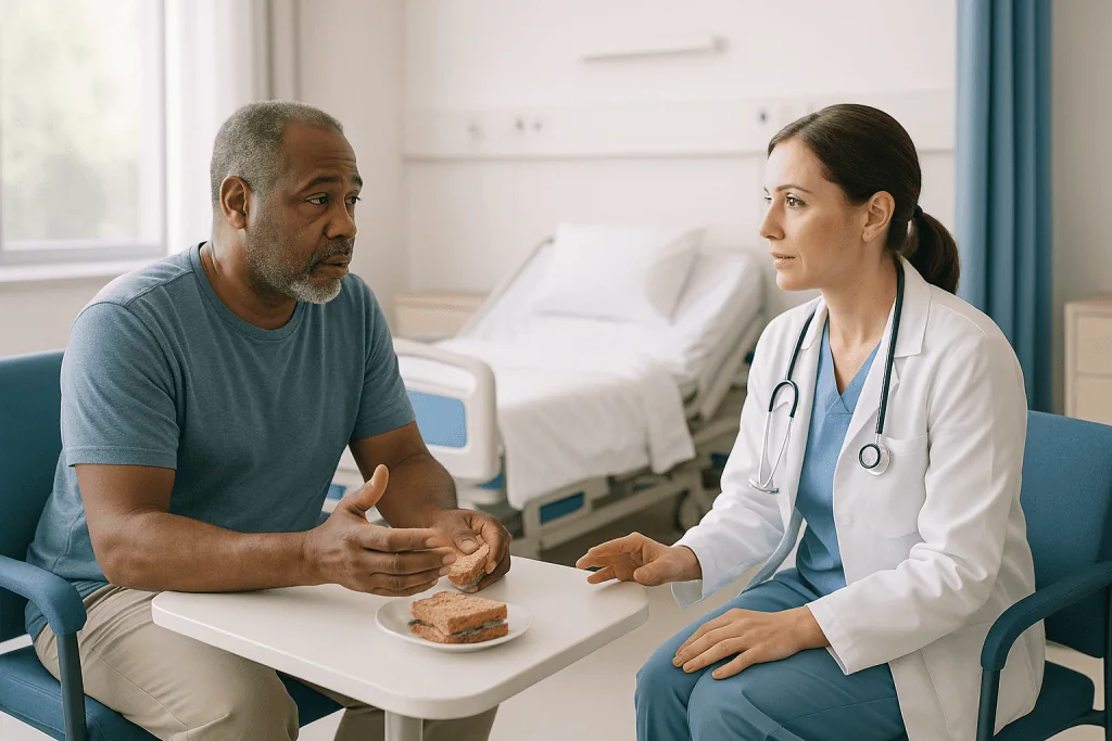 Doctor consulting patient with sandwich during hospital visit: Who is usually offered an EP study, and who is asked to wait