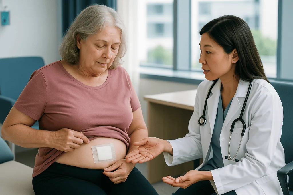 Doctor examining patient's abdomen with bandage: Who is usually offered an implant, and who is asked to wait?