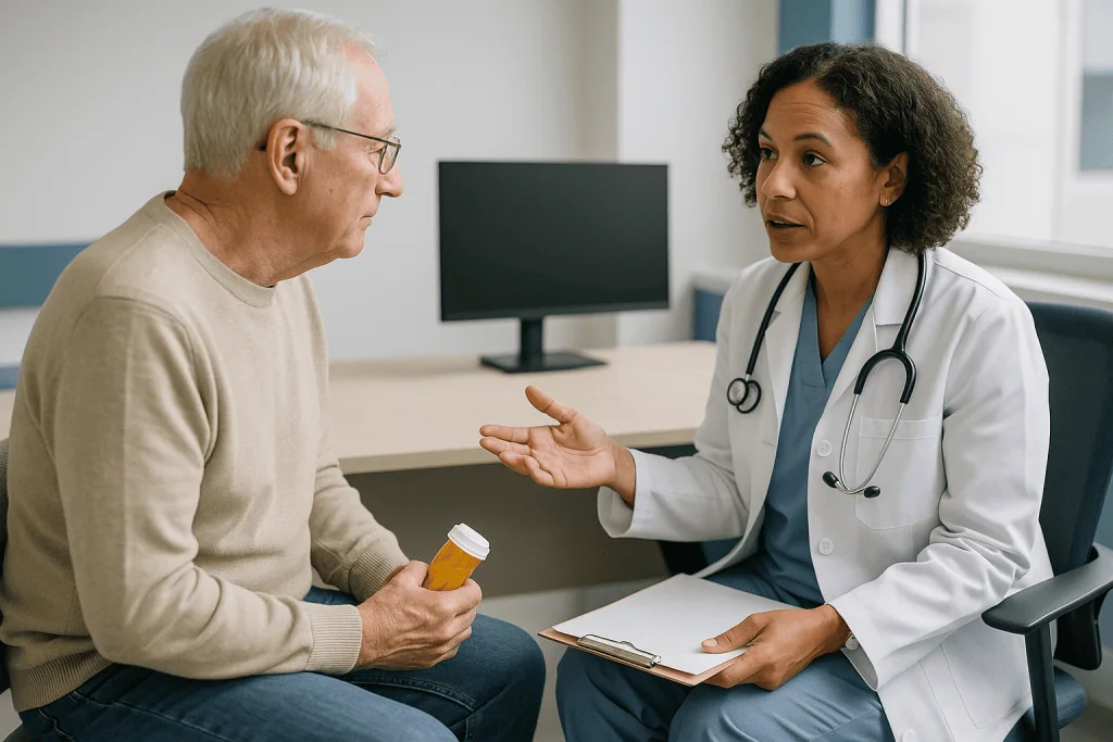 Doctor consulting elderly male patient about medication: Who is usually offered BPH treatment, and who is usually asked to w