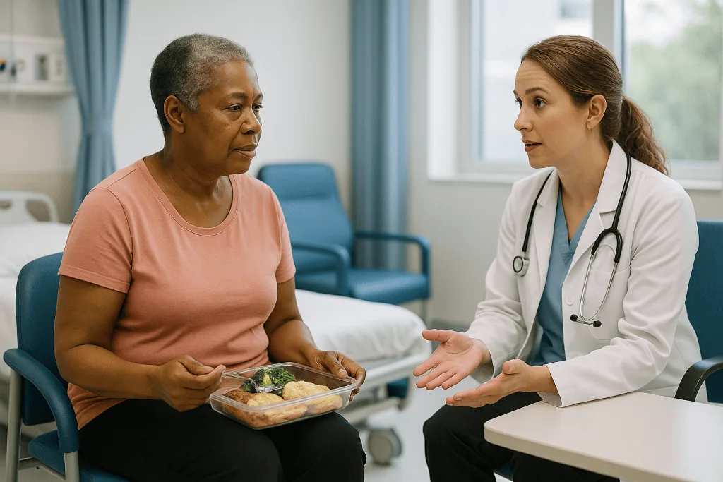 Doctor consulting patient about meal or nutrition — Who is usually offered brachytherapy for cervical cancer, and who is aske
