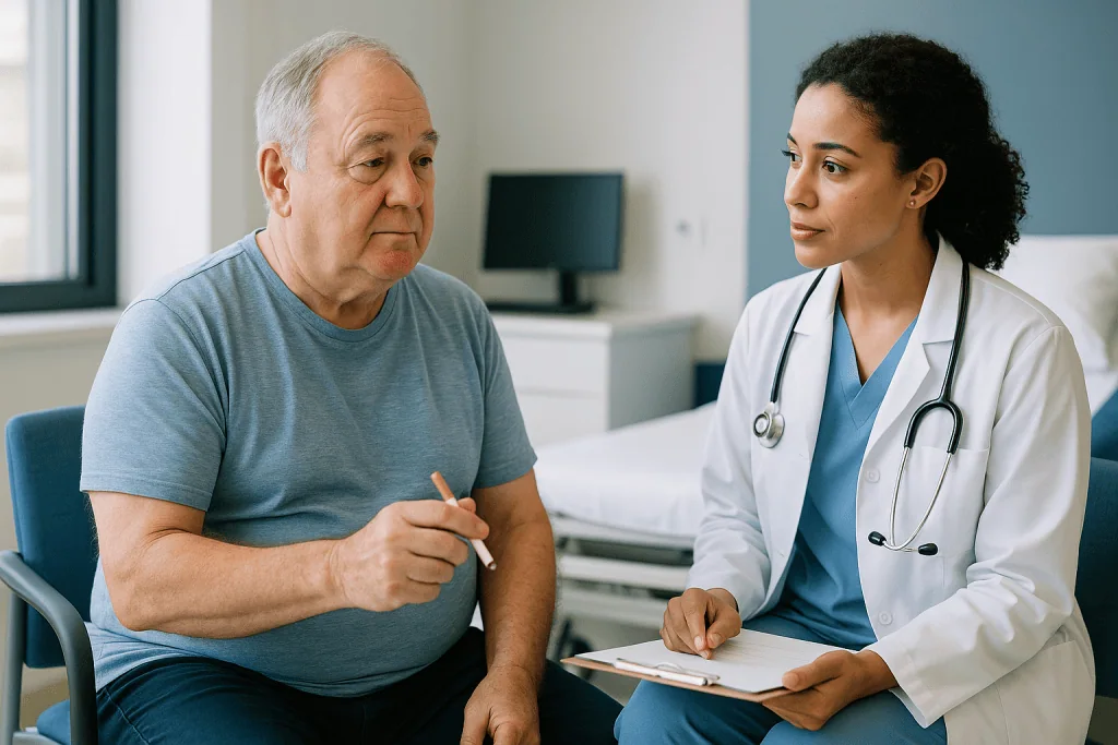 Doctor consulting with older male patient in clinic: Who is usually offered bypass surgery, and who is asked to wait?