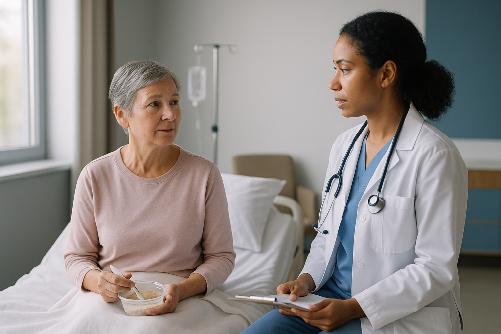 Doctor consulting with senior patient in hospital room: Who is usually offered CAR-T, and who is asked to wait