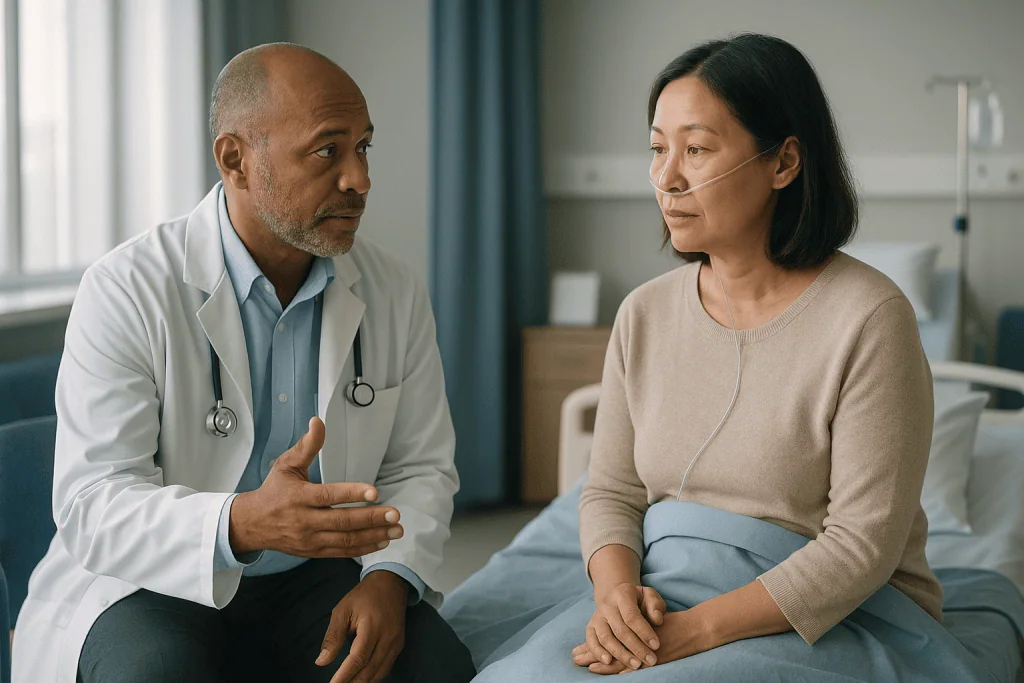 Doctor consulting with adult patient in clinical setting: Who is usually offered chemotherapy before stomach cancer surgery,