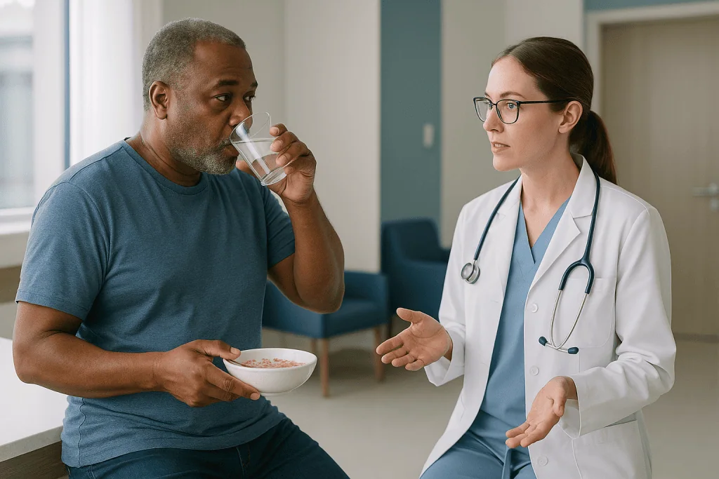 Doctor consulting patient about hydration and diet: Who is usually offered coronary CT angiography, and who is asked to wait