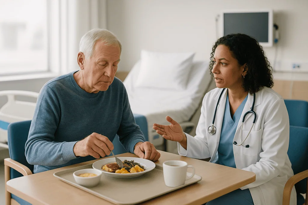 Doctor consulting elderly patient about meal nutrition: Who is usually offered DBS, and who is asked to wait