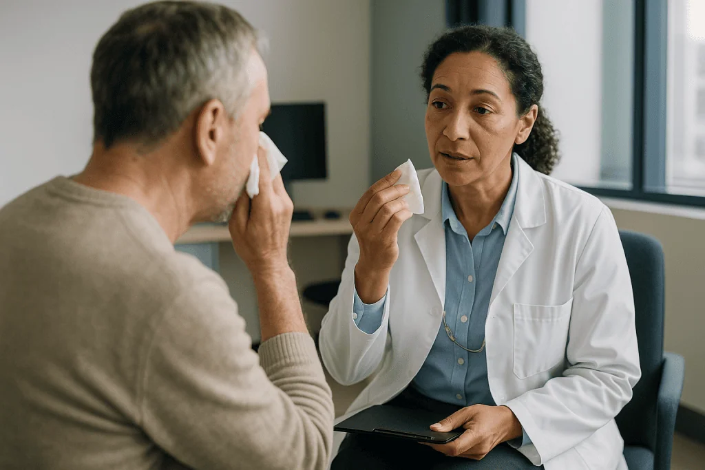 Doctor consulting with male patient in office setting: Who is usually offered DCR, and who is asked to wait?
