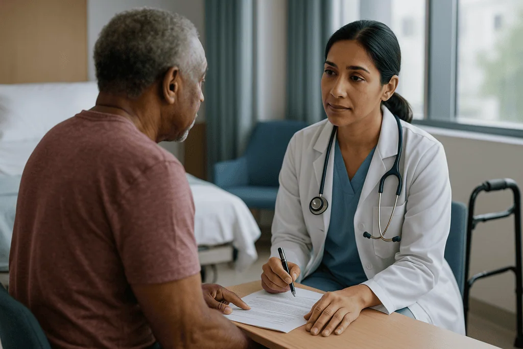 Doctor consulting with senior patient in hospital room: Who is usually offered endoscopic disc surgery, and who is asked to 