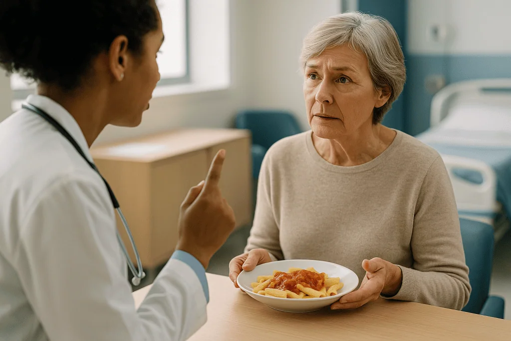Doctor discussing diet with elderly patient holding pasta: Who is usually offered ERCP, and who is usually asked to wait
