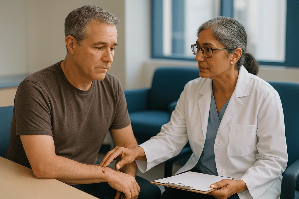 Doctor consulting with patient in clinical setting: Who is usually offered excision, and who is asked to wait or consider al