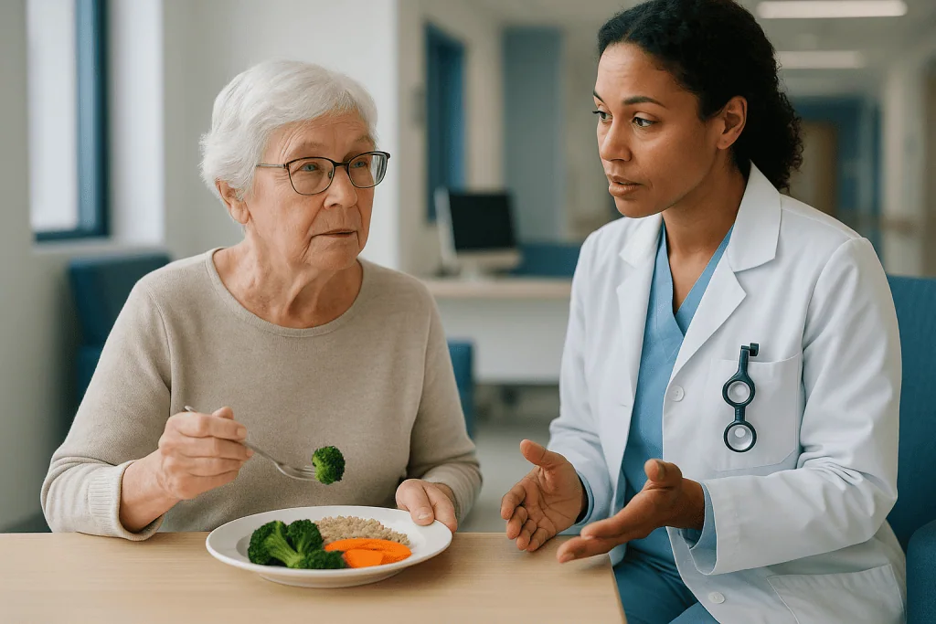 Doctor discussing nutrition with elderly patient eating vegetables: Who is usually offered eye surgery, and who is asked to 