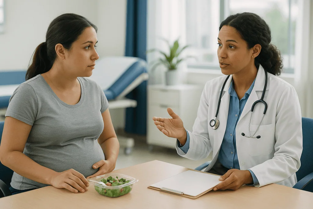 Pregnant woman consulting with female doctor about nutrition: Who is usually offered fetal repair, and who is usually asked 
