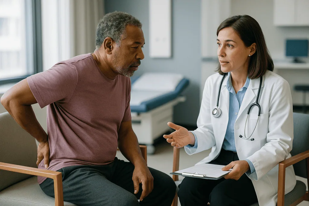 Doctor consulting patient about back pain in clinic: Who is usually offered herniated disc surgery, and who is asked to wait