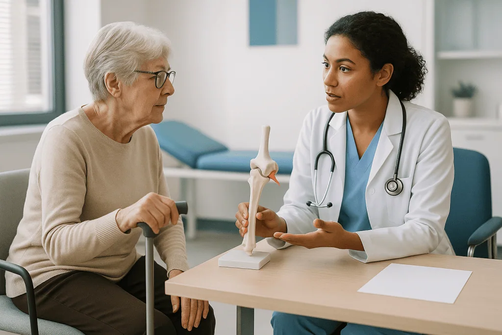 Doctor consulting elderly patient about joint anatomy model: Who is usually offered hip replacement, and who is asked to wai