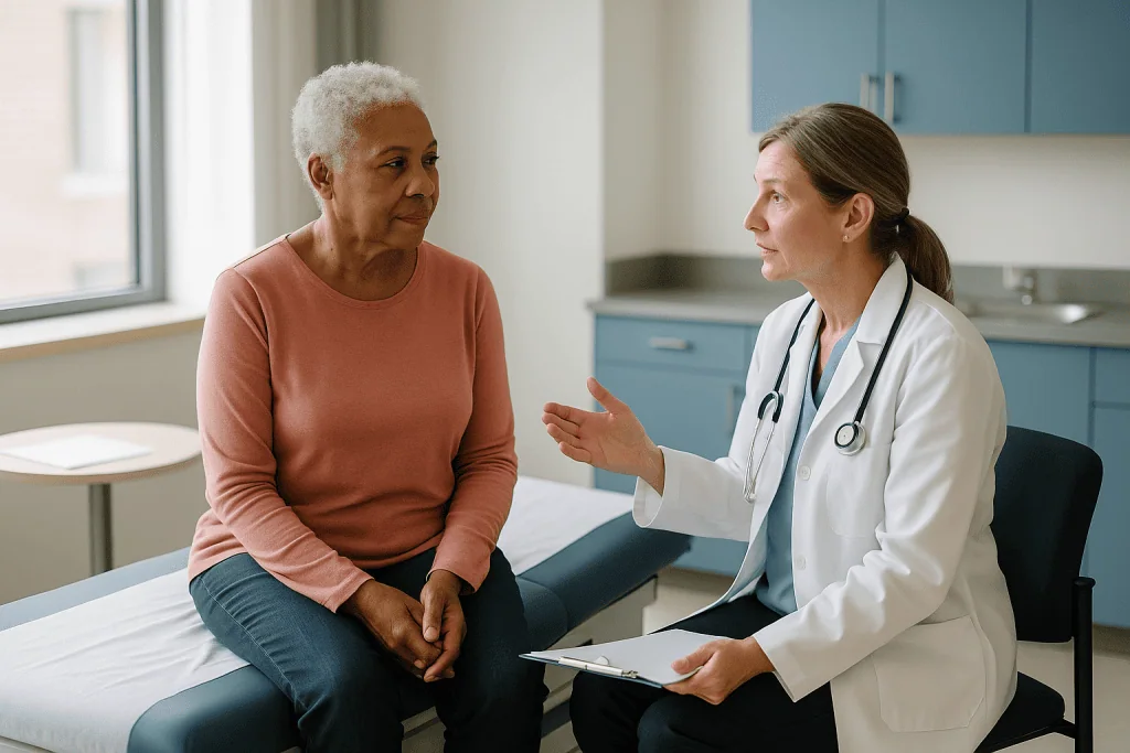 Doctor consulting senior female patient in clinical setting: Who is usually offered hormone therapy, and who is asked to wai