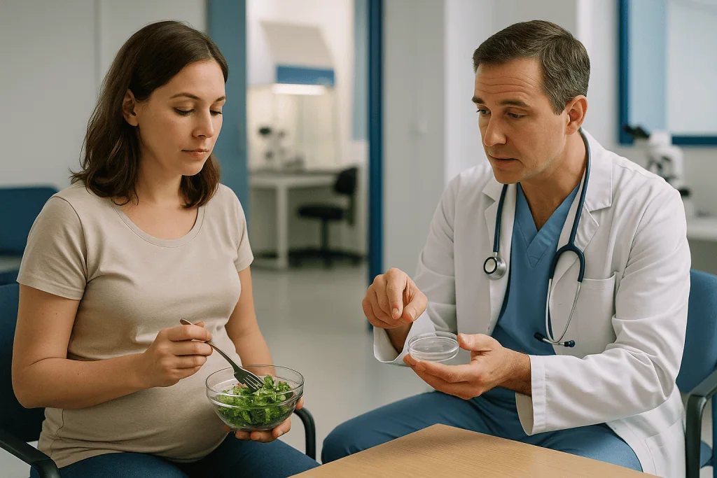 Doctor consulting pregnant patient about diet and nutrition: Who is usually offered ICSI, and who is usually asked to wait