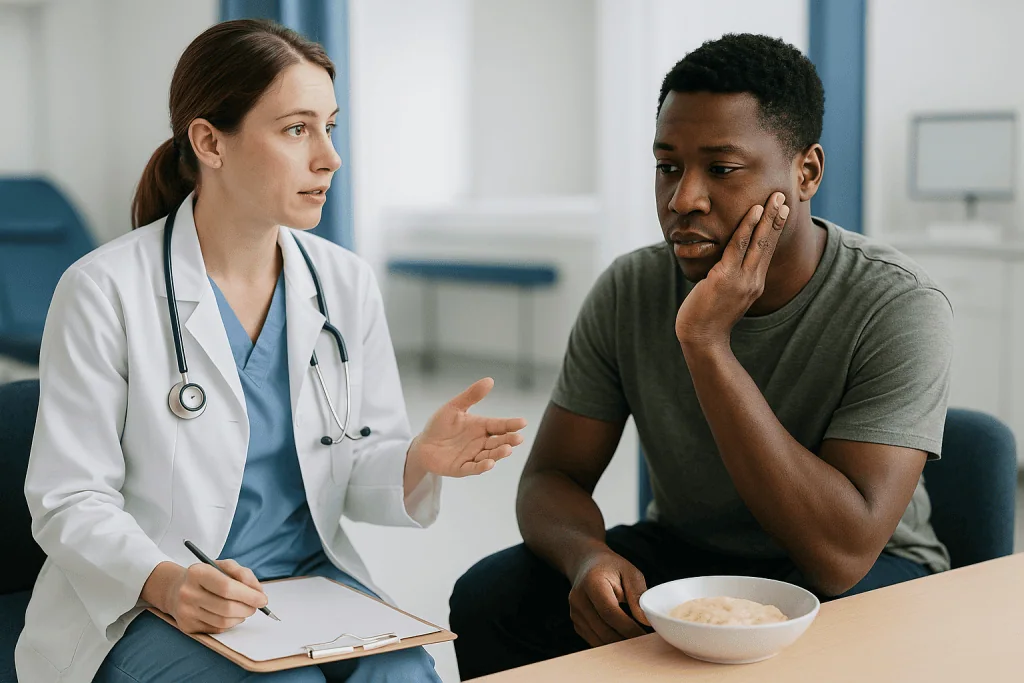 Doctor consulting patient with bowl of food present: Who is usually offered impacted tooth surgery, and who is asked to wait
