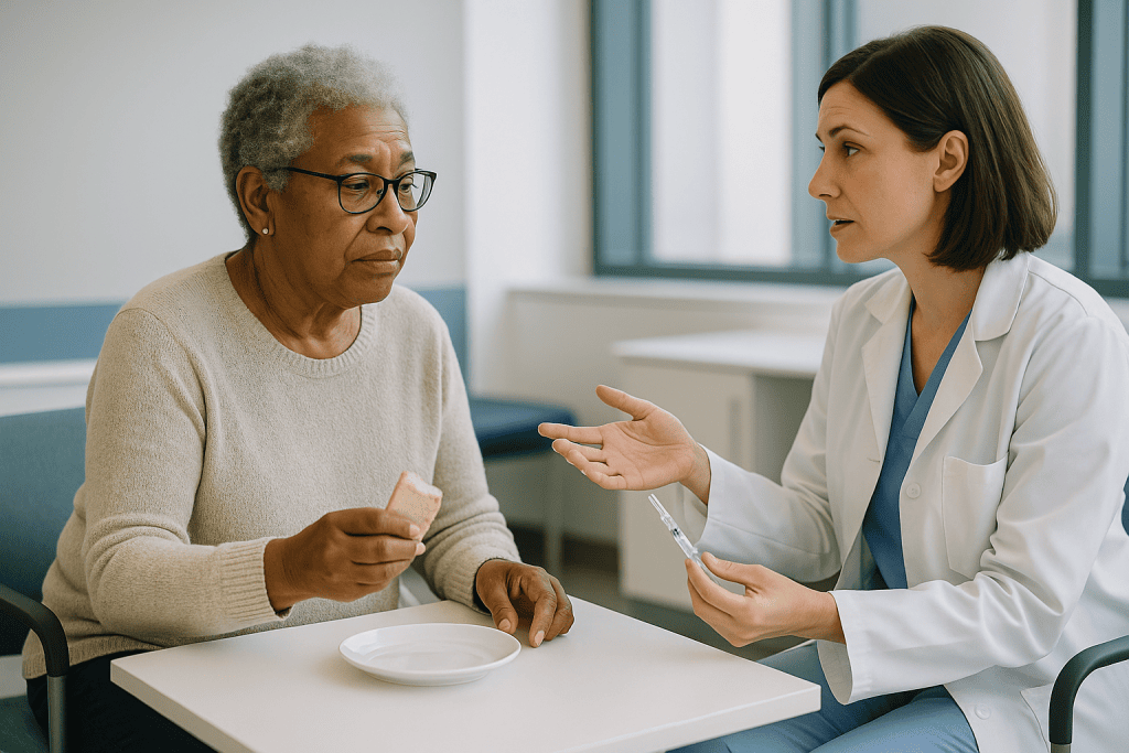 Doctor consulting with elderly patient at table: Who is usually offered injections, and who is usually asked to wait