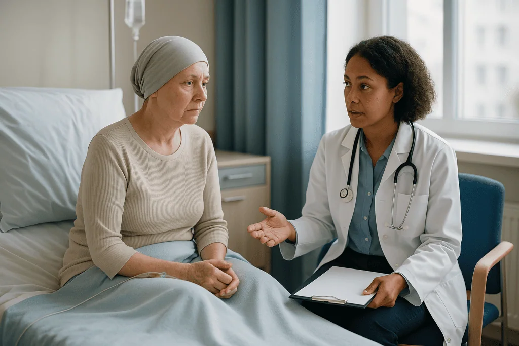 Doctor consulting with cancer patient in hospital room: Who is usually offered intensive induction, and who is asked to wait