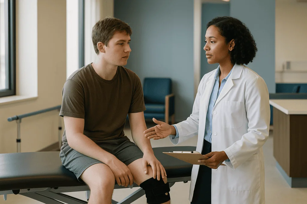 Healthcare provider consulting with teenage patient in clinical setting: Who is usually offered intensive rehabilitation or 