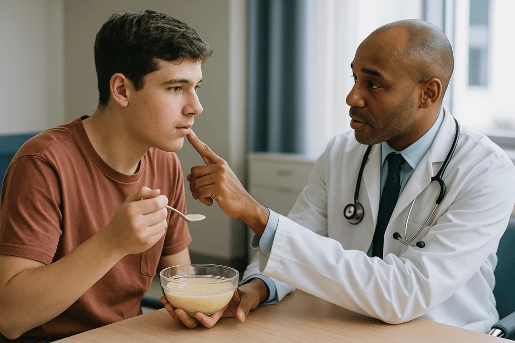 Doctor examining patient's throat with tongue depressor: Who is usually offered jaw surgery, and who is asked to wait
