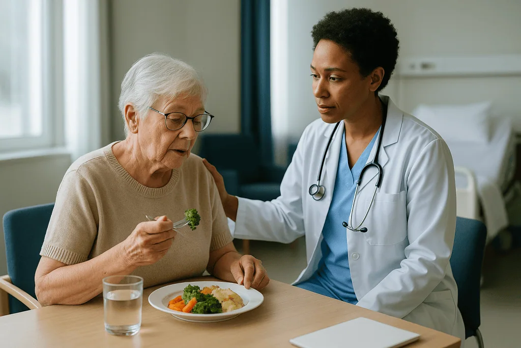 Doctor consulting elderly patient about healthy nutrition: Who is usually offered kyphoplasty, and who is asked to wait