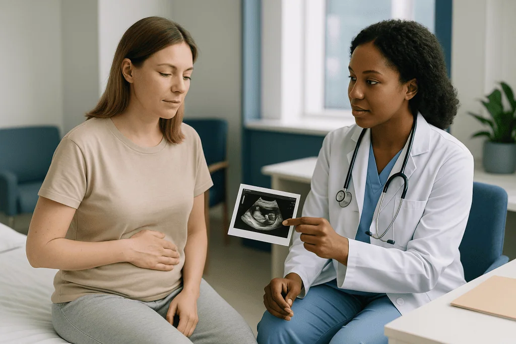 Doctor showing ultrasound image to pregnant patient: Who is usually offered laparoscopy for infertility, and who is asked to