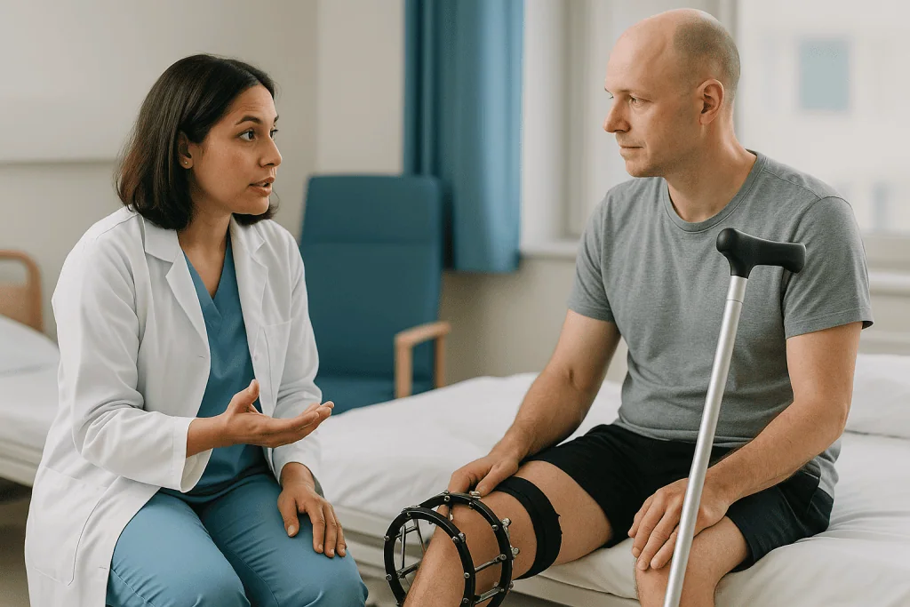 Doctor consulting patient wearing leg brace in clinical setting: Who is usually offered limb lengthening, and who is asked t