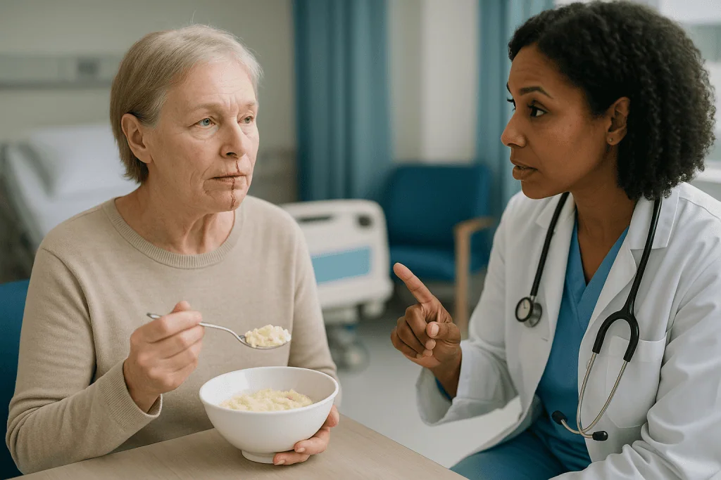Doctor consulting elderly patient eating soft food: Who is usually offered lip reconstruction, and who is asked to wait