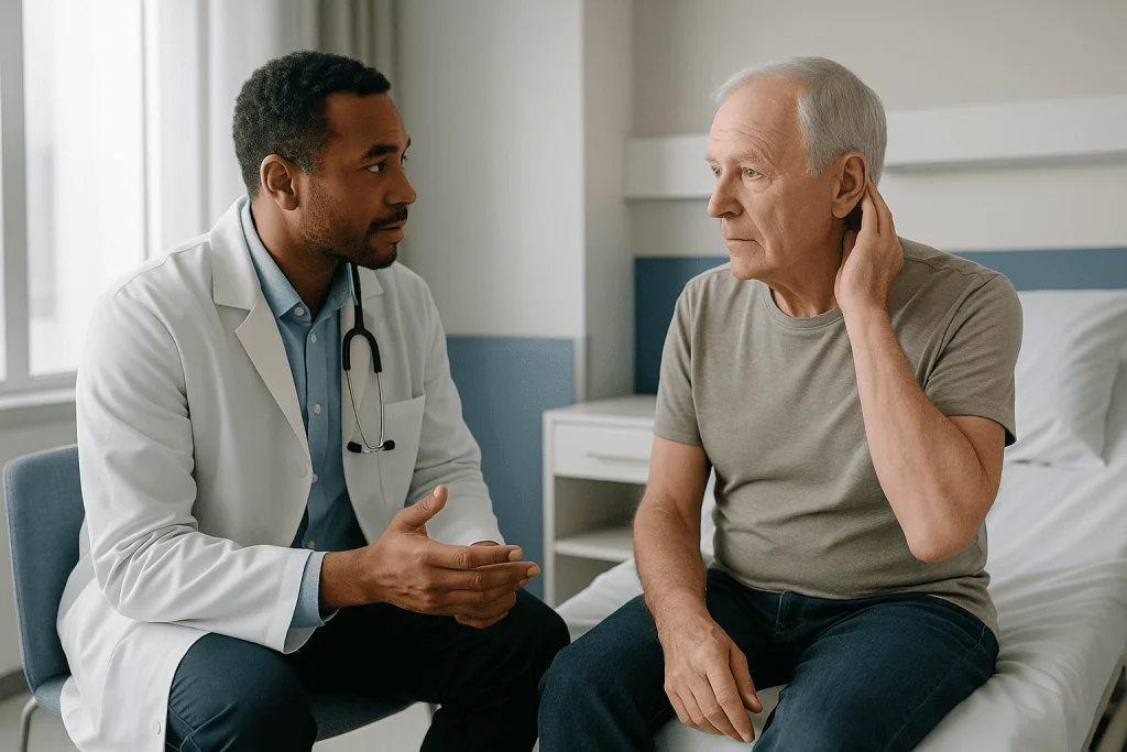 Doctor consulting with male patient in clinic room: Who is usually offered mastoid surgery, and who is asked to wait?